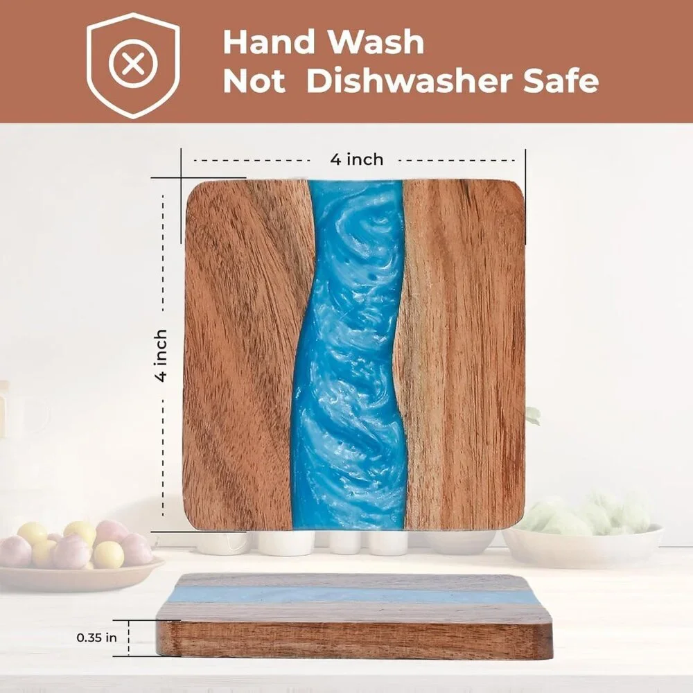 Wood Coasters with Resin - Set of 4 Cup Coasters with Holder - 4 x 4 Inches - Un